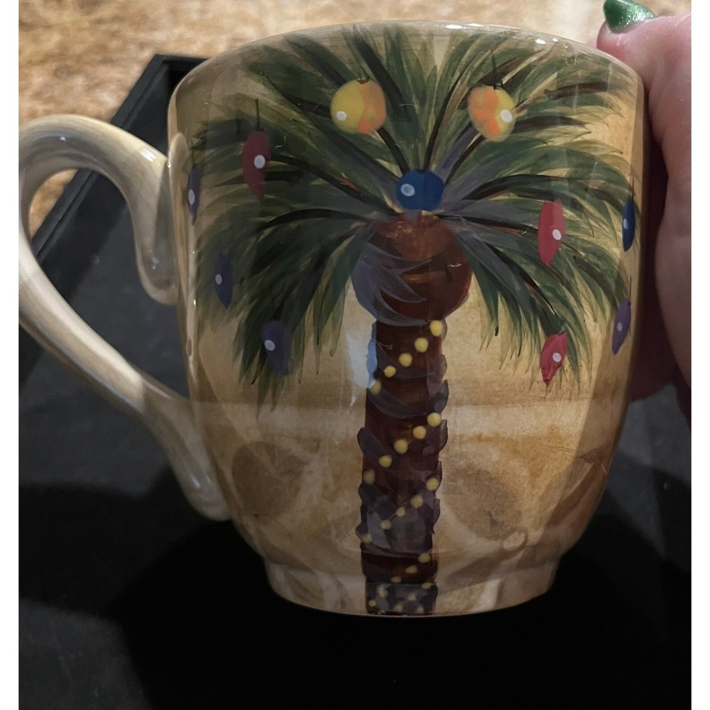 Bellagio Christmas Hand Painted Mug Large Tabletop Lifestyles XMAS Palm Tree HTF